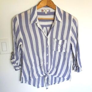 pink rose striped rayon button down tie front collared shirt women's size medium